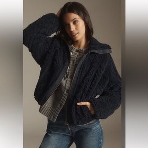 NWT Anthropologie Pilcro Cozy Textured Faux-Fur Bomber Jacket Navy Blue Size XL